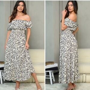 HYFVE Elegant Off-Shoulder Floral Set Top and Midi Skirt Medium